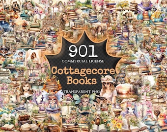 Cottagecore Books Watercolor Clipart Bundle – 900+ PNG (Digital Download)