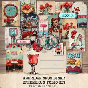 May include: A collage of vintage-style ephemera featuring an American diner theme. Elements include a clock, roses, a diner scene, a woman, a high-heeled shoe, and food tags. The color palette is dominated by red, blue, and cream.