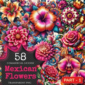 Mexican Flowers PNG Clipart Collection - 58 PNG, Cultural themed illustration, Colorful floral art, Commercial use, Digital download