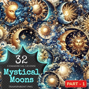 Mystical Moons PNG Clipart Collection - 32 PNG, Mystical lunar illustrations, Cosmic art printables, Commercial use, Digital download