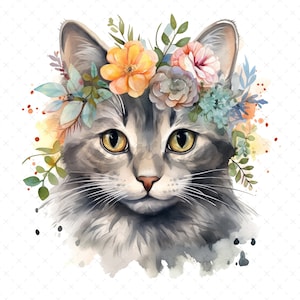 20 High-Quality Gray Floral Cats Clipart - Floral cats digital watercolor JPG instant download for commercial use - Digital download