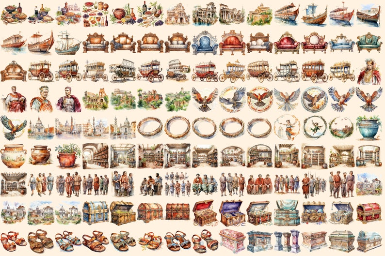 Ancient Rome Watercolor Clipart Bundle - 860+ transparent PNG, Classical empire graphics, Ancient roman, Commercial use, Digital download