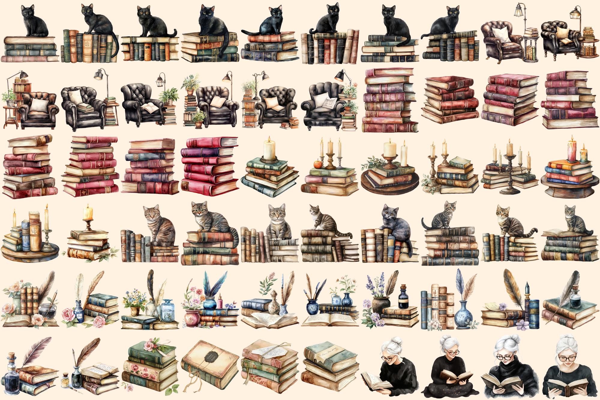 Watercolor Library Clipart Bundle – 398+ Antique Book PNG Graphics ...