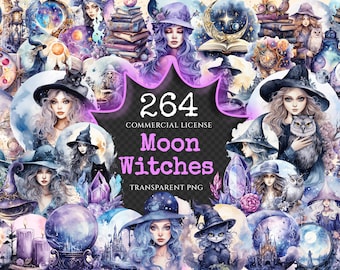 May include: A collection of 264 watercolor illustrations featuring moon witches, owls, crystals, and other magical elements. The illustrations are in shades of purple, blue, and white, and have a whimsical and ethereal feel.  The text "264 Commercial License Moon Witches Transparent PNG" is displayed on a purple background.