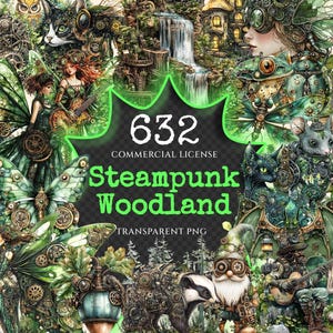 May include: A digital collage of 632 steampunk woodland themed images. The images feature fairies, gnomes, animals, and other whimsical creatures in a forest setting. The images are in a variety of colors, including green, brown, and blue. The images are perfect for use in digital scrapbooking, card making, and other creative projects.