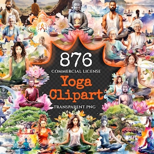 Yoga Watercolor Clipart Bundle - 872+ transparent PNG, Tranquil meditation illustrations, Exercise images, Commercial use, Digital download