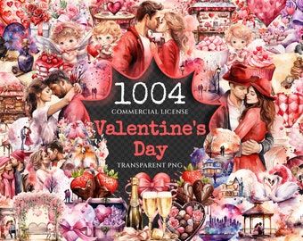 May include: A collection of 1004 watercolor illustrations for Valentine's Day. The illustrations feature hearts, flowers, couples, and other romantic imagery. The illustrations are perfect for creating cards, invitations, and other Valentine's Day crafts.
