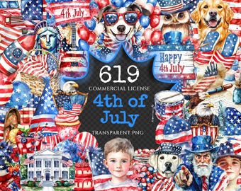 4th of July Watercolor Clipart Bundle – Patriotic PNG Graphics (Digital Download)