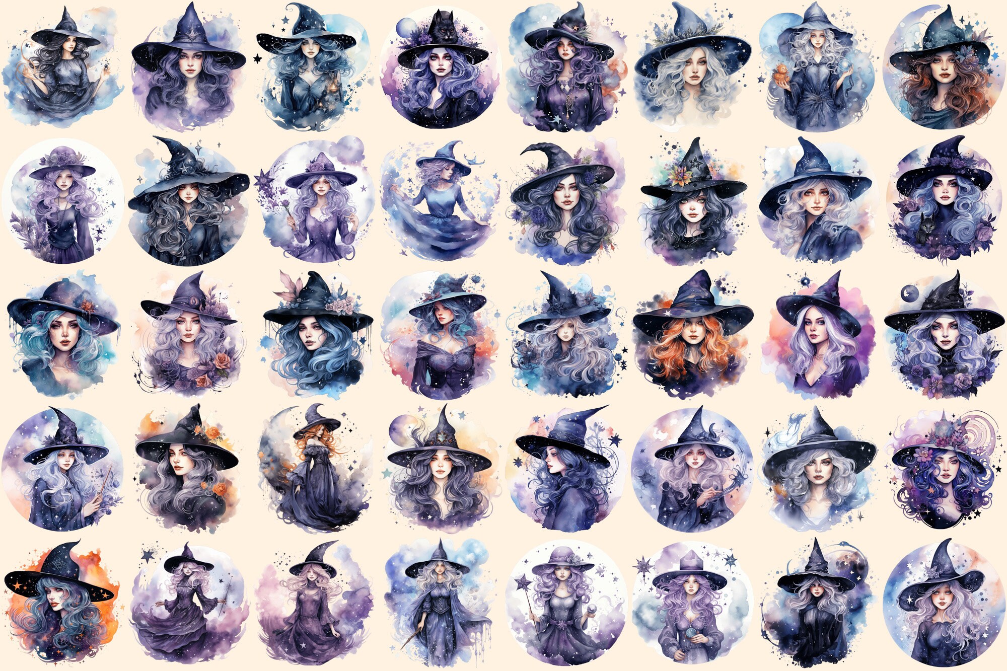 Celestial Witches Watercolor Clipart Bundle – 260+ PNG (digital ...