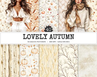 Autumn Seamless Patterns, Rustic Pumpkin, Acorn, Leaves (Digital Download)