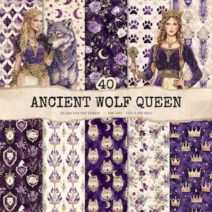 Op de afbeelding: Een verzameling van 40 naadloze patronen met het thema "Ancient Wolf Queen". De patronen bevatten illustraties van wolven, bloemmotieven, kronen en figuren in paars, goud en wit. Elk patroon is 30,48 x 30,48 cm.