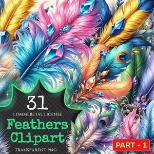 Feathers PNG Clipart Collection - 31 PNG, Artistic feather illustrations, Elegant printables, Commercial use, Digital download
