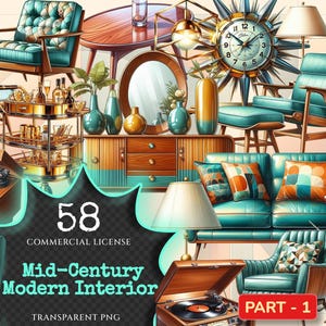 Mid-Century Modern Interior Clipart – 58 PNG Graphics (Digital Download)