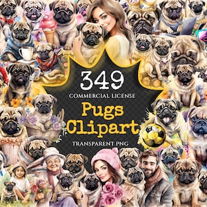 Pugs Watercolor Clipart Bundle - 345+ transparent PNG, Charming pug illustrations, Playful puppy graphics, Commercial use, Digital download