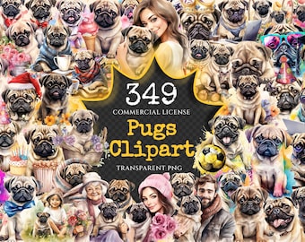 May include: A collection of 349 watercolor pug illustrations with a commercial license. The illustrations are in various poses and with different accessories, such as hats, glasses, and scarves. The illustrations are on a transparent background and are perfect for digital scrapbooking, card making, and other creative projects.