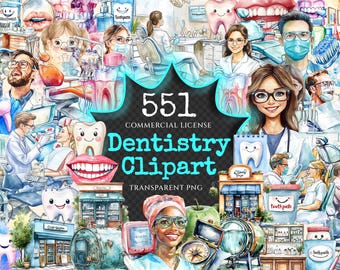 May include: A colorful digital clipart set of 551 images for dentistry. The set includes illustrations of teeth, dentists, dental tools, and other dental-related items. The images are in a watercolor style and are perfect for use in digital projects.