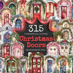 Christmas Doors Watercolor Clipart Bundle - 310+ transparent PNG, Festive door graphics, Warm xmas images, Commercial use, Digital download
