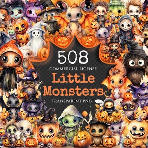 Little Monsters Watercolor Clipart Bundle - 500+ transparent PNG, Eerie graphics, Cute halloween creatures, Commercial use, Digital download