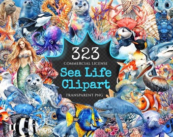 Watercolor Sea Life Clipart Bundle – 320+ PNG Graphics (Digital Download)