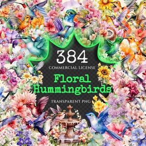 Floral Hummingbirds Watercolor Clipart Bundle - 380+ transparent PNG, Hummingbirds png, Spring bird images, Commercial use, Digital download