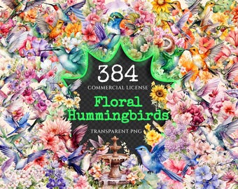 Watercolor Hummingbirds Clipart – Floral PNG Bundle (Digital Download)