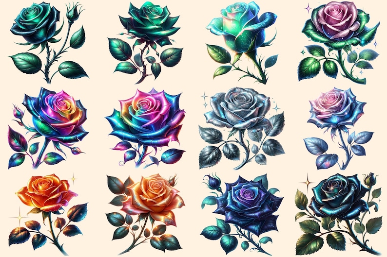 Fantasy Roses PNG Clipart Collection - 54 PNG, Magical rose illustration, Enchanted floral art, Commercial use, Digital download