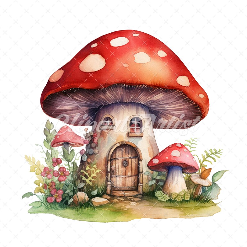 Watercolor Mushroom House Clipart – Fairy Tale Cottage (digital ...