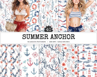 Summer Anchor Seamless Patterns, Nautical Digital Paper (JPEG)