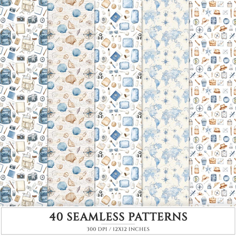 Travel Pattern Paper Travel Seamless Patterns, Summer Vacation Scrapbook Paper (digital ...