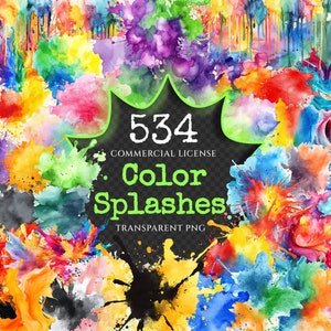 Color Splashes Watercolor Clipart Bundle - 530+ transparent PNG, Vibrant paint splatter, Colorful graphics, Commercial use, Digital download