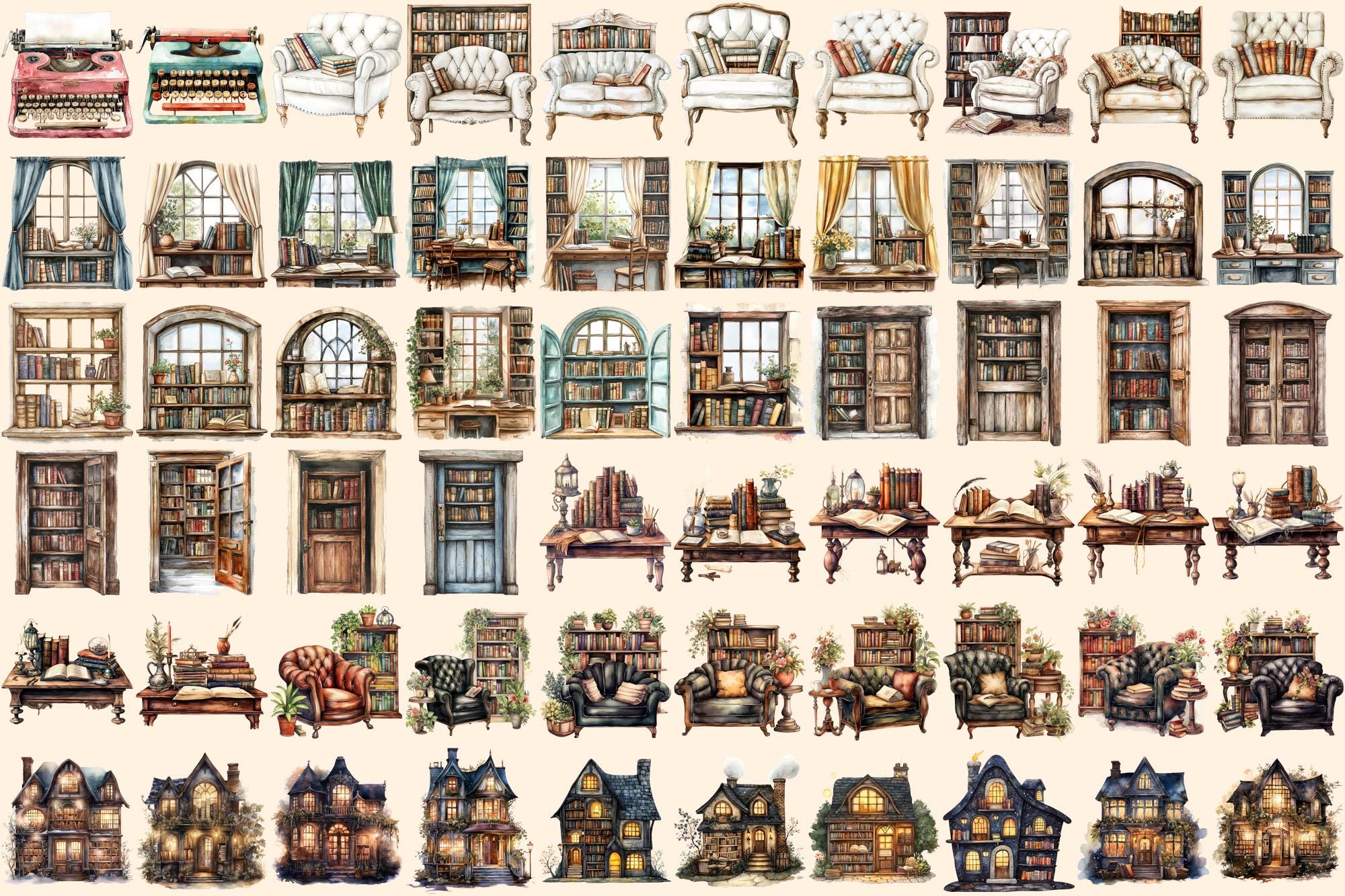 Watercolor Library Clipart Bundle – 398+ Antique Book PNG Graphics ...