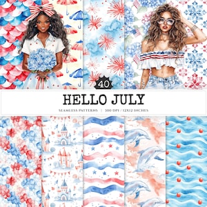 Hello July Seamless Patterns, Independence day JPEG, 4th of july infinite pattern, Patriotic repeating pattern, Digital scrapbook paper