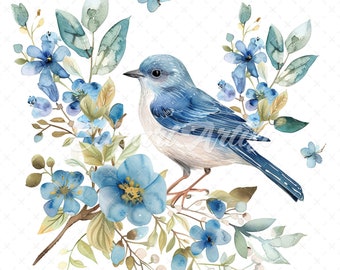 May include: A watercolor painting of a bluebird perched on a branch of blue flowers. The bird is facing left and has a light blue body with a darker blue tail. The flowers are a light blue with yellow centers. The background is white.