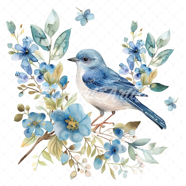 20 High-Quality Blue Bird Floral Clipart - Blue bird floral digital watercolor JPG instant download for commercial use - Digital download