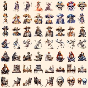 Skeletons Watercolor Clipart Bundle - 610+ transparent PNG, Spooky halloween graphics, Skeleton png images, Commercial use, Digital download