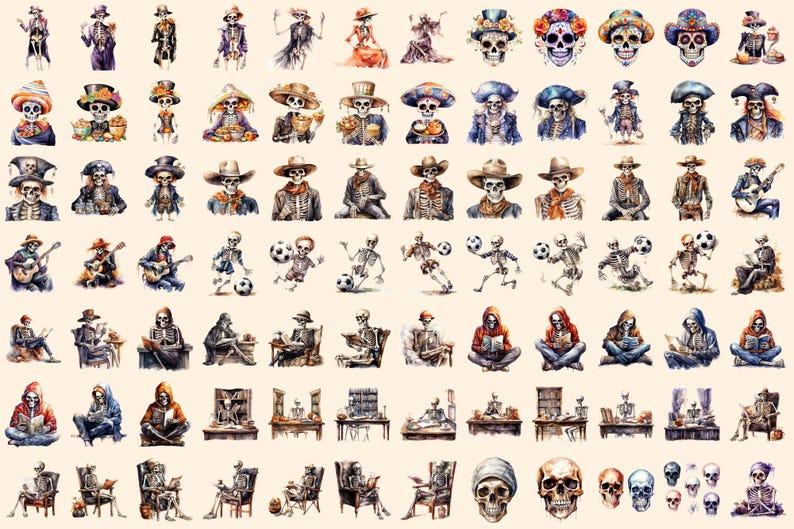 Skeletons Watercolor Clipart Bundle - 610+ transparent PNG, Spooky halloween graphics, Skeleton png images, Commercial use, Digital download