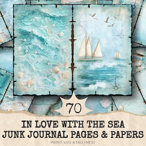 In Love With The Sea Junk Journal Pages & Papers - Ocean waves journal paper, Summer digital background, Junk Journal Kit, Digital download