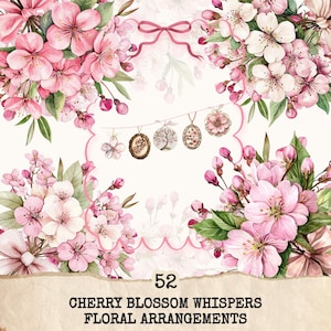 Op de afbeelding: Waterverfillustratie van bloemstukken met roze kersenbloesems en groene bladeren. De afbeelding bevat decoratieve elementen zoals een roze lint en kleine hangers. De tekst onderaan luidt "52 Cherry Blossom Whispers Floral Arrangements."