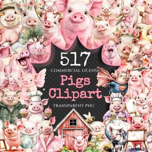 Pigs Watercolor Clipart Bundle - 512+ transparent PNG, Charming pig illustrations, Rustic farm animal art, Commercial use, Digital download