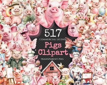 Watercolor Pig Clipart – Rustic Farm Animal PNG Bundle (Digital Download)