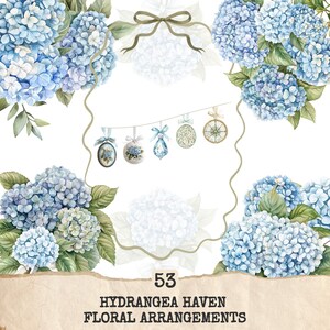 May include: A watercolour illustration of blue hydrangea floral arrangements and decorative ornaments. The image includes the text "53 HYDRANGEA HAVEN FLORAL ARRANGEMENTS" on a torn paper banner. The design has a vintage, botanical theme.