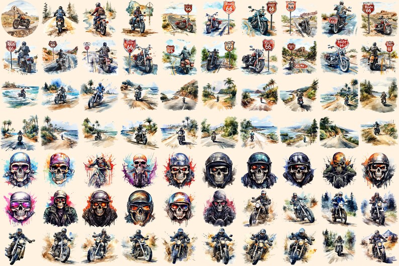 Bikers Watercolor Clipart Bundle - 480+ transparent PNG, Road warrior enthusiast illustrations, Motorbike, Commercial use, Digital download