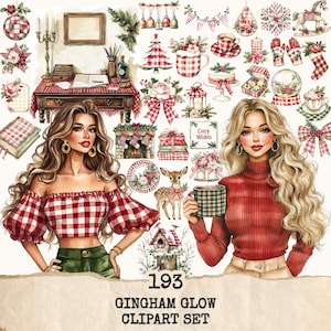 Può includere: Un set di clipart digitali intitolato "193 Gingham Glow Clipart Set" con illustrazioni ad acquerello. Il set include vari elementi a tema festivo come ornamenti, tazze e un cervo, il tutto in un motivo a quadri rosso e bianco. Sono raffigurate anche due donne.