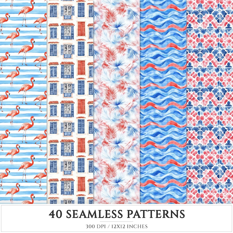 Puerto Rico Seamless Pattern, Tropical Bloom, Palm Leaves (digital ...