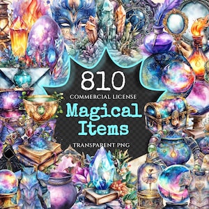 Magical Items Watercolor Clipart Bundle - 805+ transparent PNG, Mystical object graphics, Magical relic art, Commercial use,Digital download