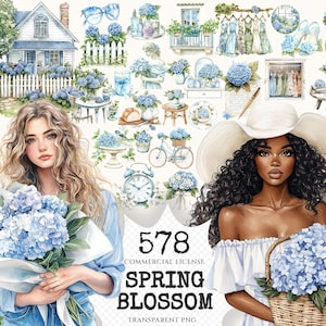 Spring Blossom Watercolor Clipart Set - 575+ transparent PNG, Spring floral illustrations, Hydrangea png, Commercial use, Digital download