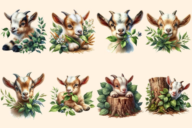 Baby Goats PNG Clipart Collection - 38 PNG, Charming goat illustrations, Farmyard art printables, Commercial use, Digital download