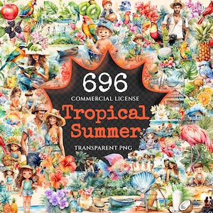 Tropical Summer Watercolor Clipart Bundle - 690+ transparent PNG, Summer clipart PNG, Summer vacation PNG Commercial use, Digital download
