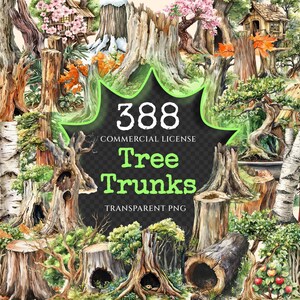 May include: A collection of 388 watercolour illustrations of tree trunks, branches, and stumps. The images are in a variety of styles and sizes, and they are perfect for adding a touch of nature to your designs.  The images are transparent PNG files, so you can easily layer them over other images or backgrounds.