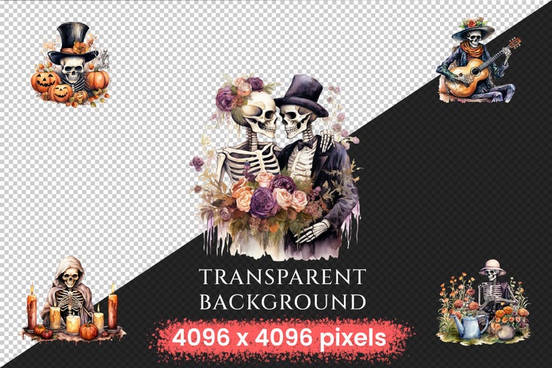 Skeletons Watercolor Clipart Bundle - 610+ transparent PNG, Spooky halloween graphics, Skeleton png images, Commercial use, Digital download